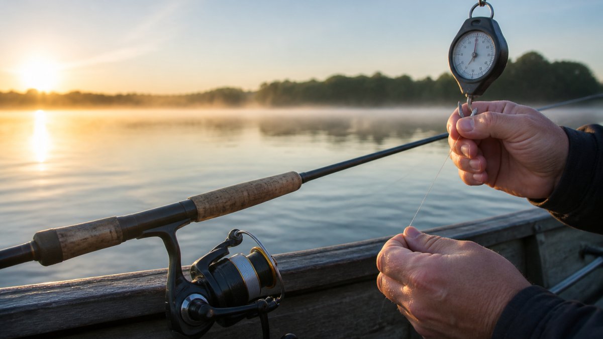 Close-up of an angler's hands pulling line off a spinning reel spool while a spring scale attached to the line reads tension, with a rod butt braced against a boat gunwale in soft morning light