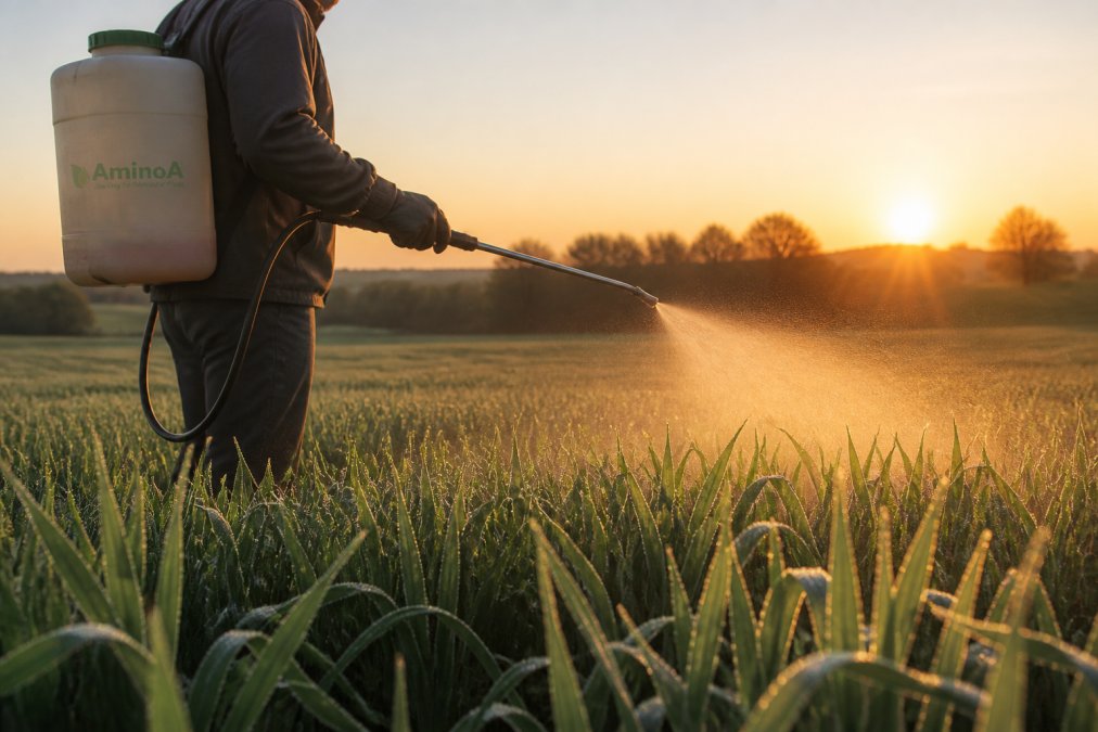 Farmer spraying foliar fertiliser solution on cereal crop leaves at early morning with visible dew and soft golden light across the field, demonstrating proper spray timing and technique