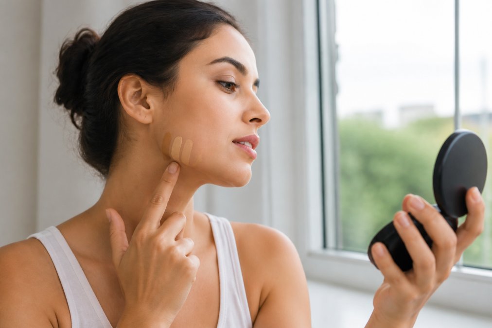 A woman swatching two foundation shades on her jawline while holding a compact mirror near a bright window, natural daylight illuminating her face