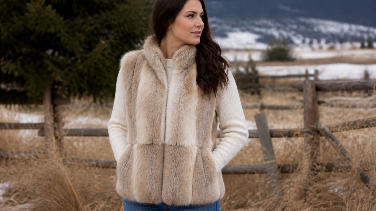 Person wearing a properly fitted fur vest over a cream-colored sweater, showing correct shoulder alignment and appropriate length hitting at the hip, photographed in natural daylight