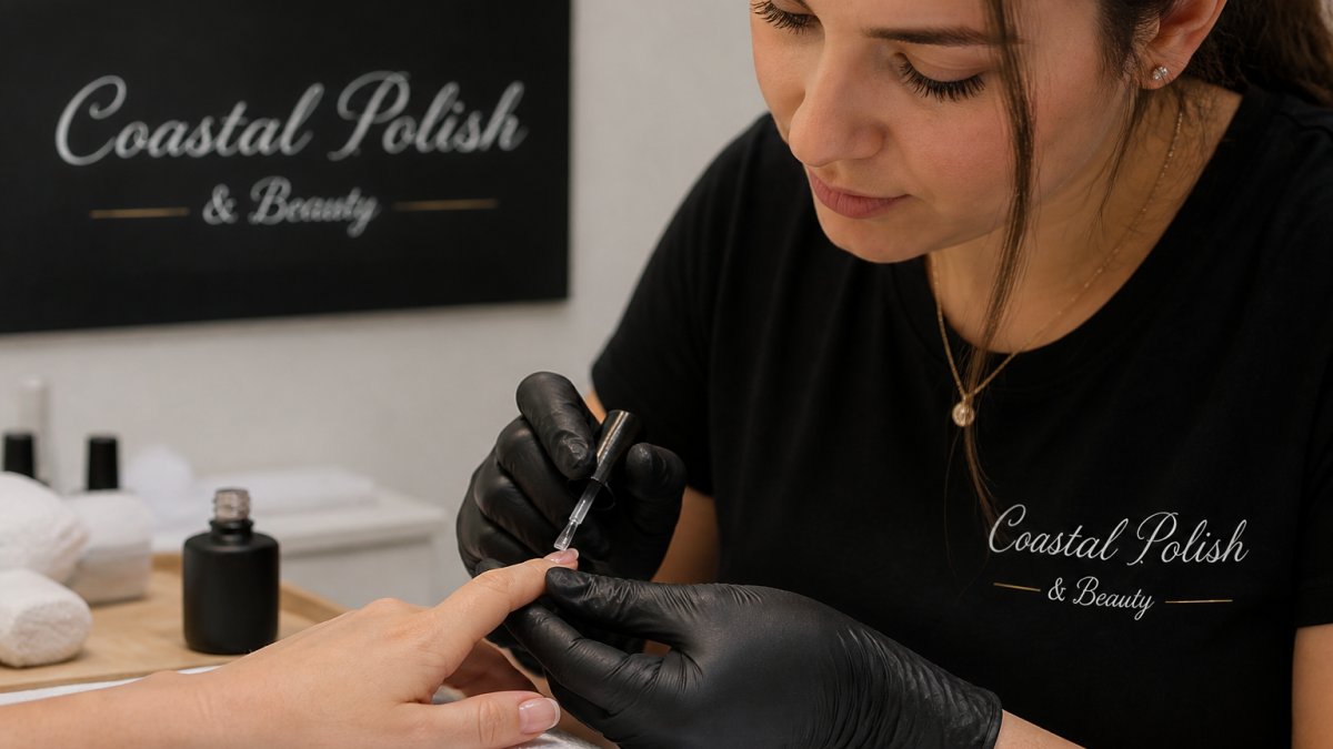Professional manicurist applying thin, even layer of gel base coat to client's natural fingernails under bright salon lighting, showing precise brush technique and proper nail plate coverage