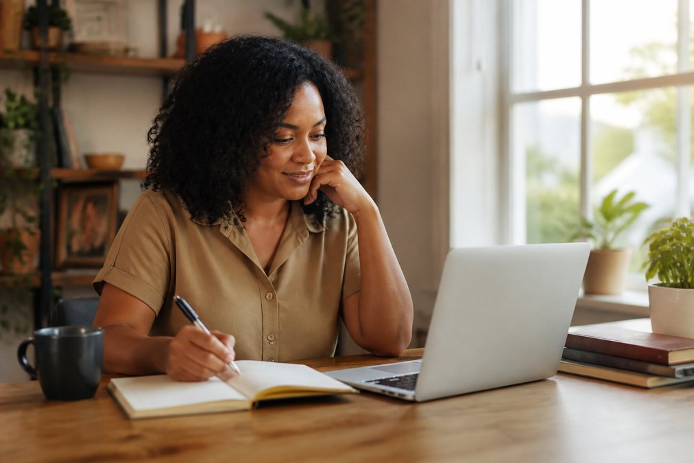 Woman at her desk reviewing goals on a laptop with a notebook and coffee mug nearby, smiling with focused determination