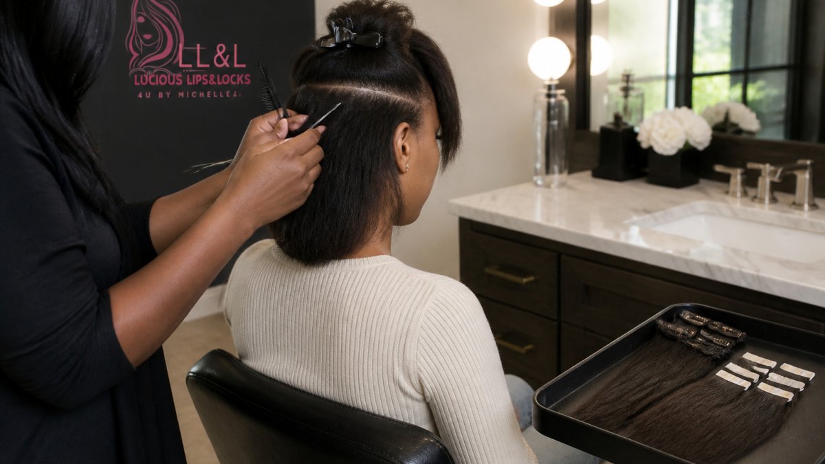 Stylist using a comb to section hair for applying clip-in hair extensions at a bathroom vanity