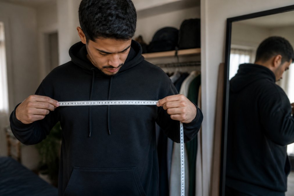 Person wearing a hoodie while using a soft measurement tape across the chest and shoulders, demonstrating proper measurement technique with natural lighting and a mirror in background