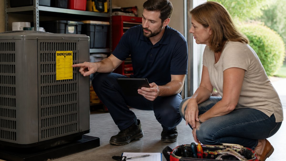 A homeowner and an HVAC technician reviewing an energy guide label on a new air conditioning unit in a garage, with a clipboard and tablet nearby