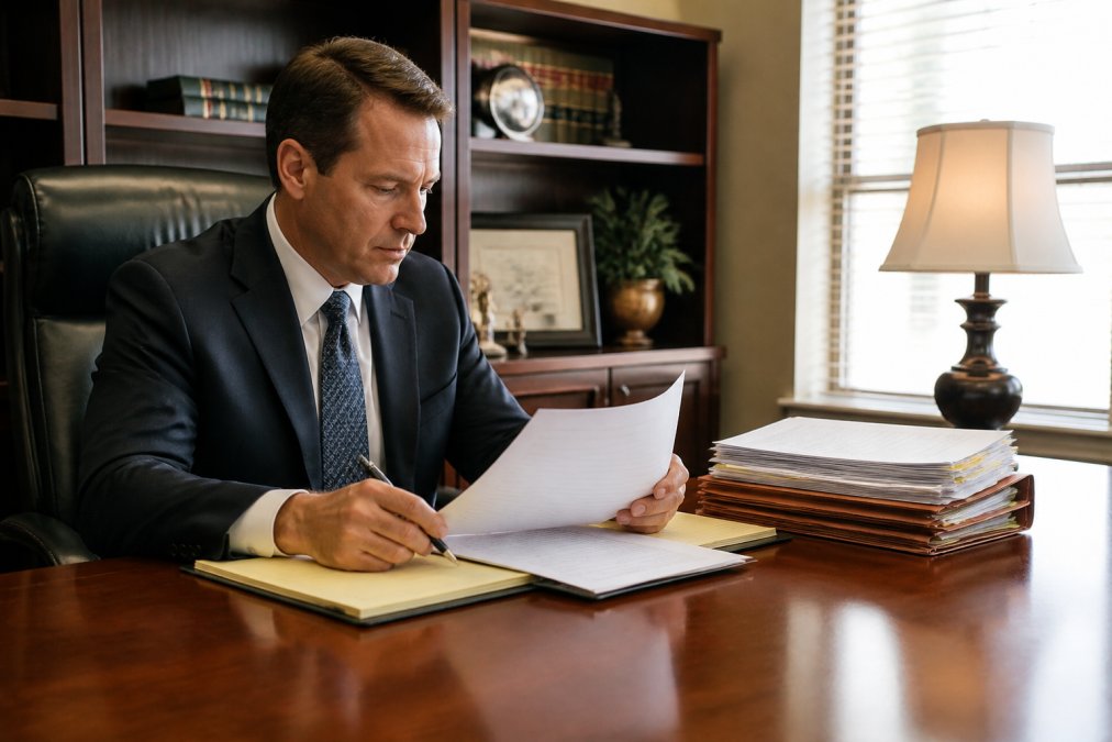 A professional attorney in a tailored suit reviewing case files at a polished wooden desk in a well-lit office, with a laptop, legal documents, and a stack of folders visible