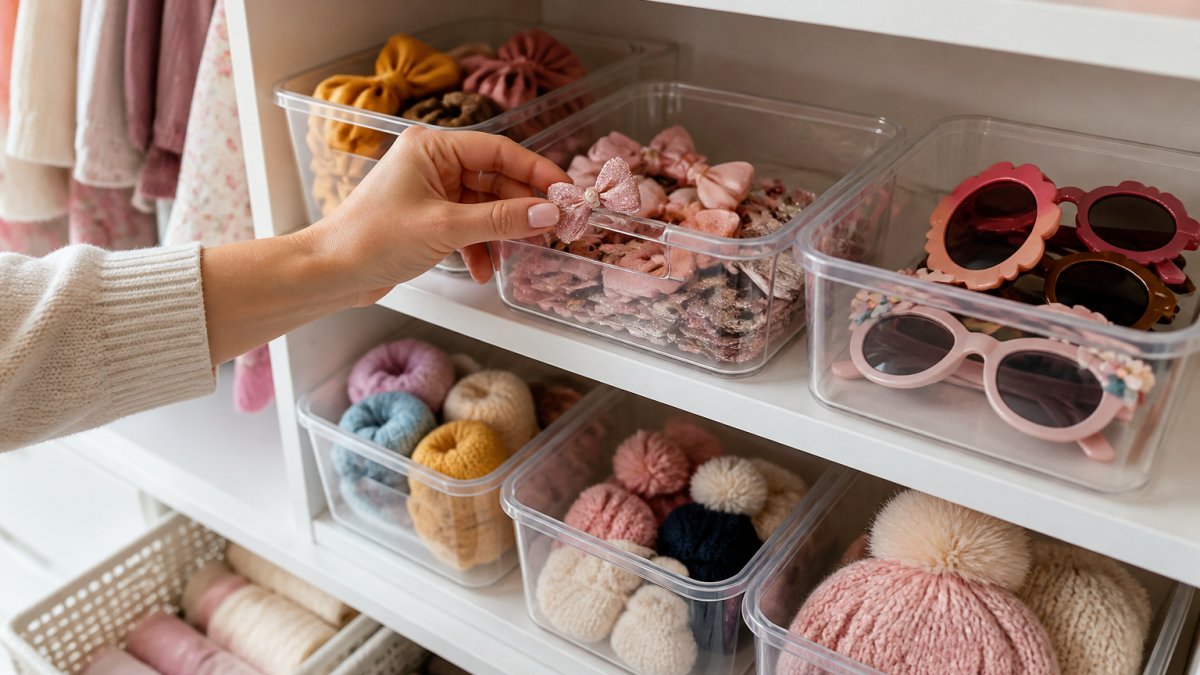 Bright, organised shelf or drawer system displaying neatly arranged kids accessories including hair clips, sunglasses, and seasonal items in clear containers, with a parent's hand selecting a hair clip