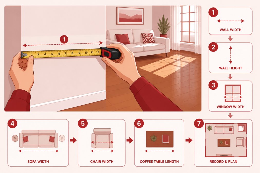 Hands holding a tape measure against a living room wall with a cream-colored sofa visible in the background, hardwood flooring, and natural window light streaming across the space showing the practical measurement process