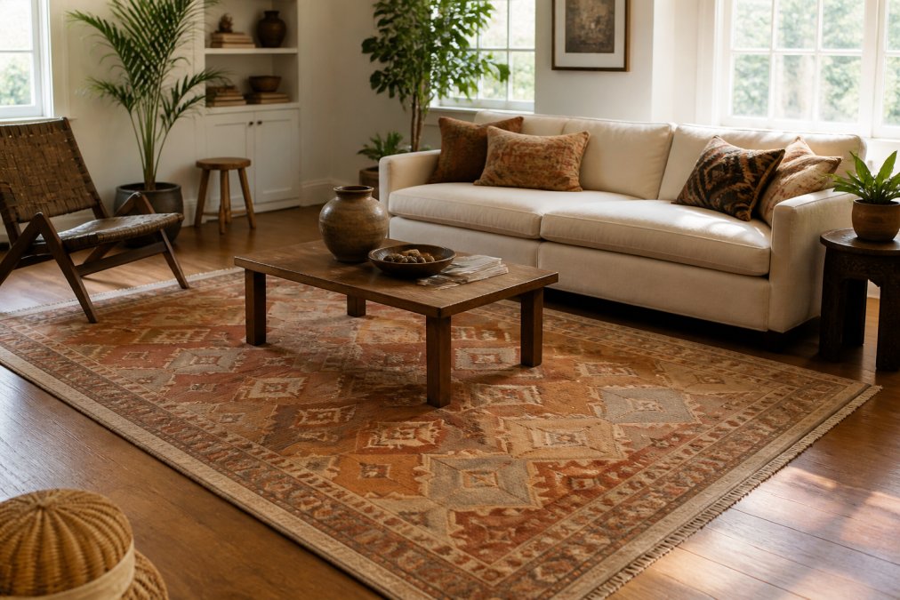 Beautifully styled living room with a handmade kilim rug in warm earth tones anchoring a seating area, cream-colored sofa with wooden coffee table on the rug, natural light from windows, carefully arranged throw pillows and plants creating visual balance
