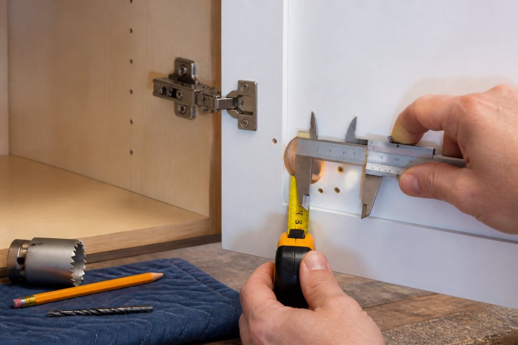 Close-up photo of a person's hands holding a tape measure and calipers against an open cabinet door, with a cup hinge and mounting plate visible on the cabinet box behind them