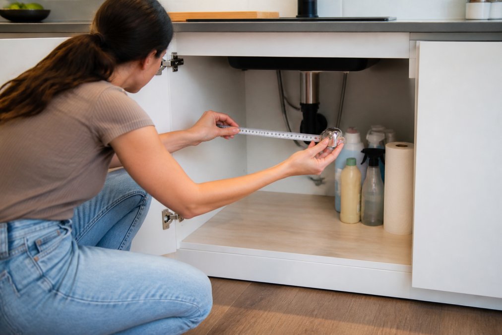 A person kneeling on a kitchen floor, using a metal tape measure to measure the interior width of an open under-sink cabinet, with a few cleaning bottles and a roll of paper towels visible inside, natural daylight from a nearby window