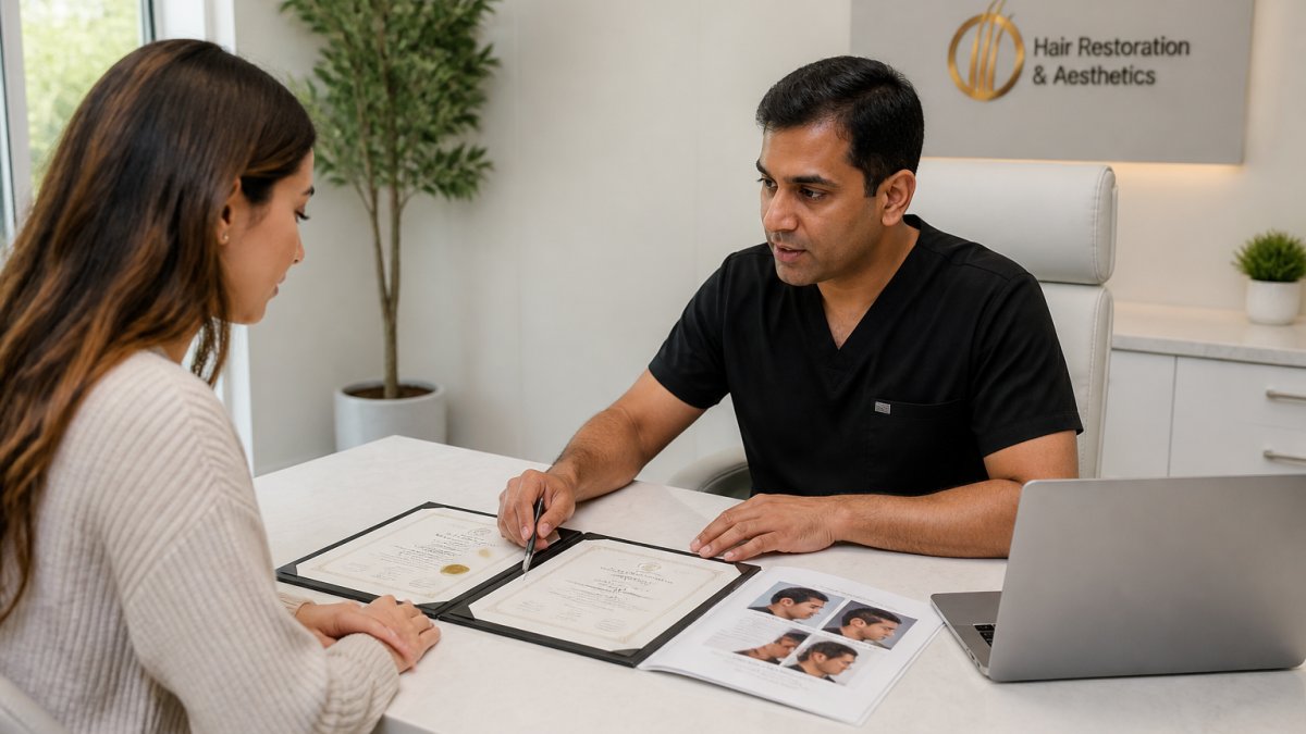 Board-certified physician reviewing credentials with a patient to help you choose the right laser for your skin type