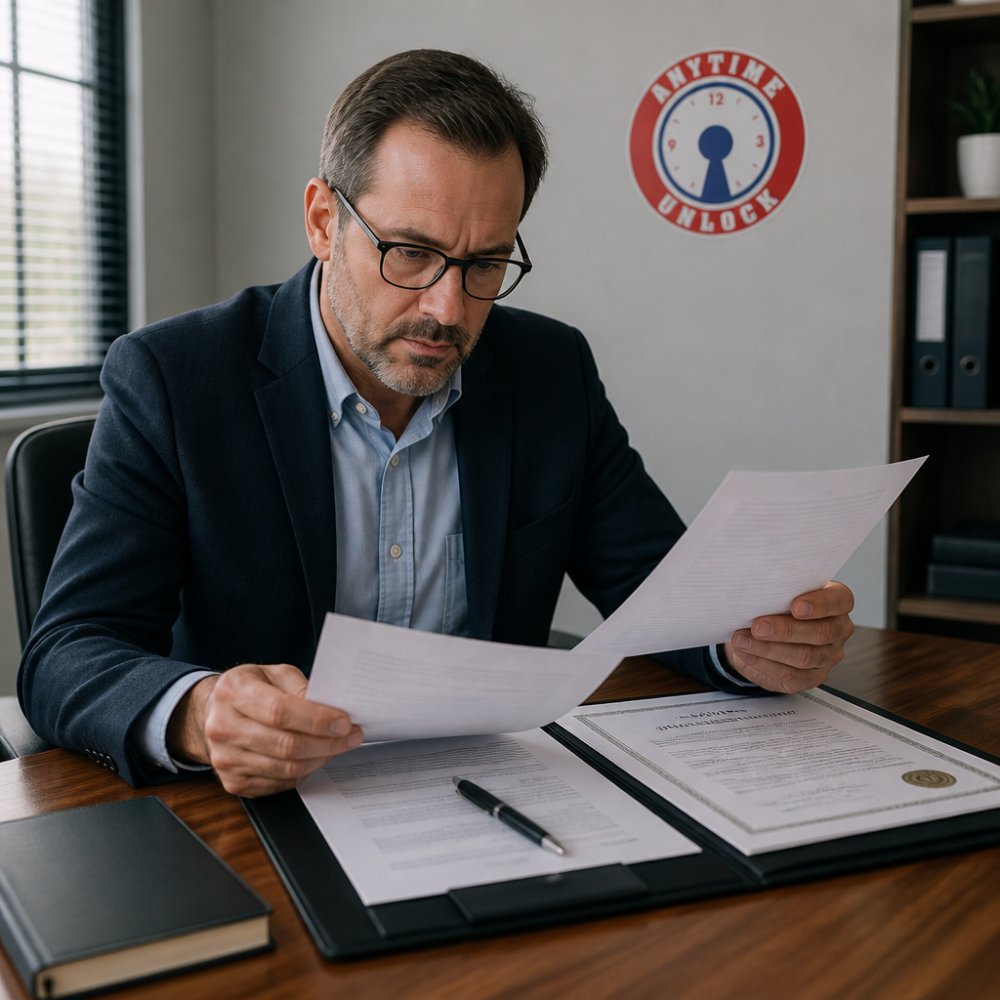 Professional business owner reviewing locksmith credentials and insurance documentation on desk with folder, pen, and official papers in modern office setting