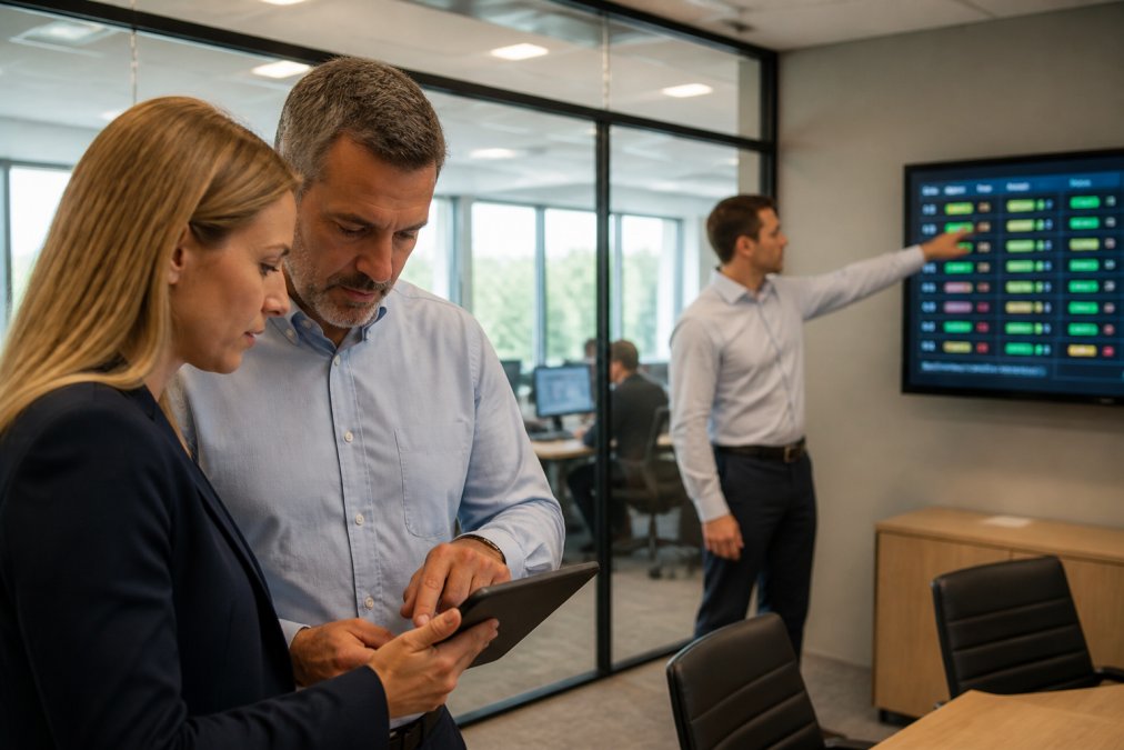 Two business professionals in a modern office reviewing a tablet displaying a security dashboard with a lock icon, while a colleague points at a wall monitor showing network status