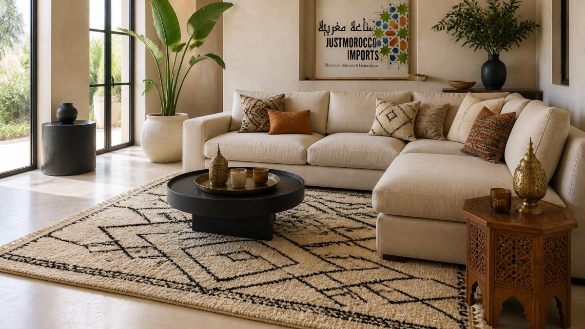 Luxury living room with a handwoven Moroccan rug positioned under a modern sofa and side tables, showing proper furniture arrangement with visible floor border around the rug's edges and natural light illuminating the geometric patterns