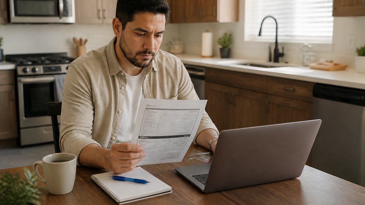 A homebuyer at a kitchen table reviewing a printed Loan Estimate beside a laptop, with a pen and notepad, warm natural light