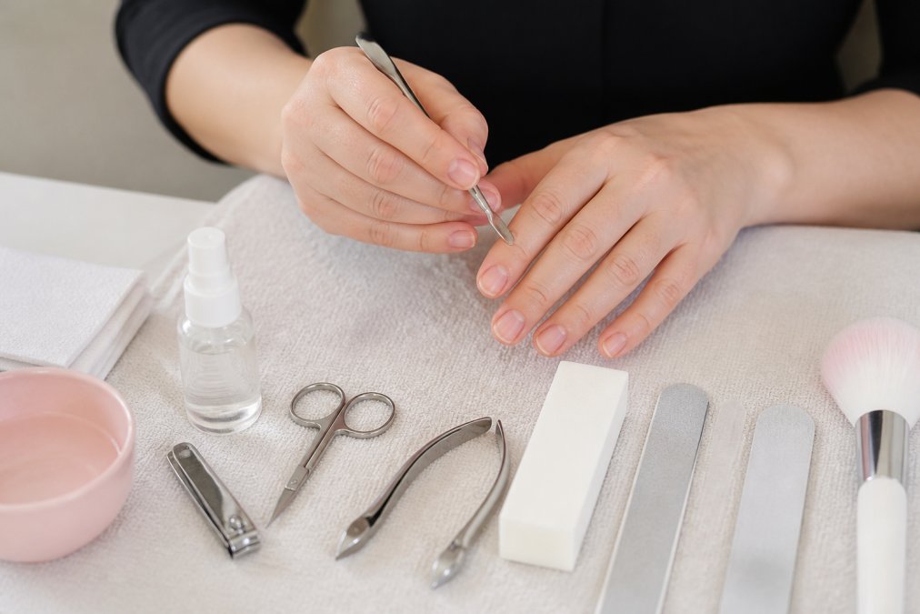 Step-by-step diagram showing how to prep nails using tools from a nail kit for beginners for long-lasting results.