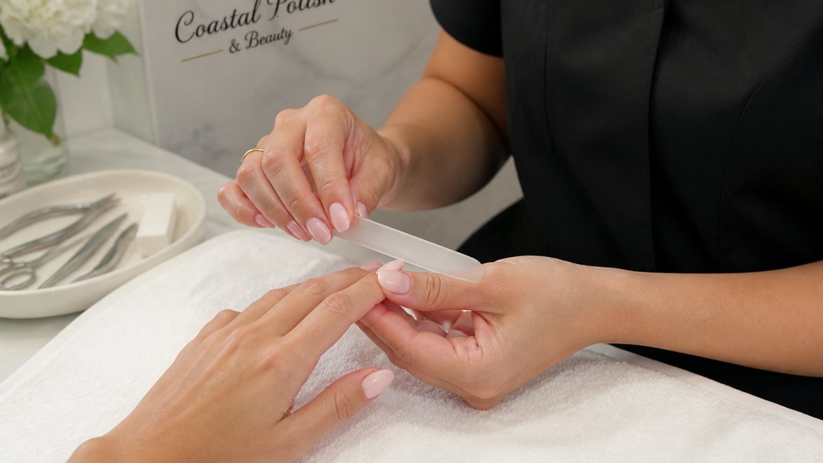 Close-up overhead shot of a manicurist's hands shaping a client's almond-shaped nail with a glass file on a clean white towel, soft natural light