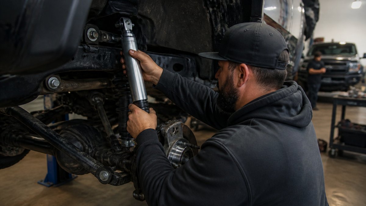 Professional mechanic installing an off-road shock absorber on a lifted truck in a modern shop, hands gripping the shock body with precision, natural workshop lighting