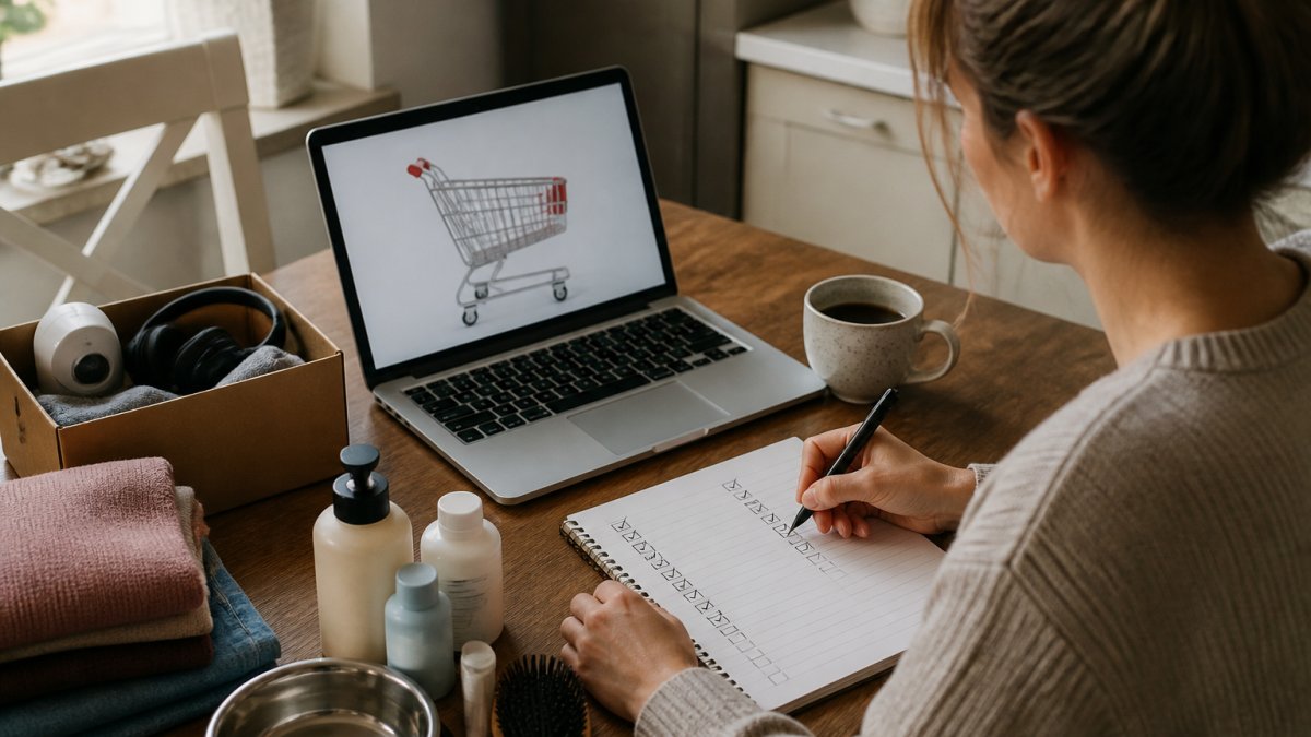 A person at a kitchen table with a laptop open to a shopping cart, a handwritten checklist on paper beside it, and a coffee mug, warm natural light