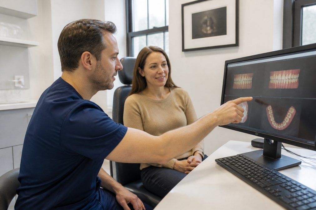 Experienced orthodontist in modern clinical setting reviewing digital 3D treatment plan on computer screen with adult patient seated in background, warm professional lighting