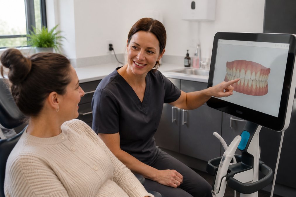 Patient in dental chair having friendly consultation with orthodontist who is pointing to digital smile preview on chairside monitor, both smiling, modern clinic setting