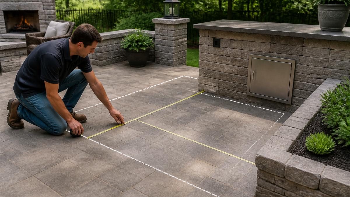 Homeowner measuring a backyard patio area with a tape measure, showing marked-out space for future grill installation with safety clearance zones clearly visible