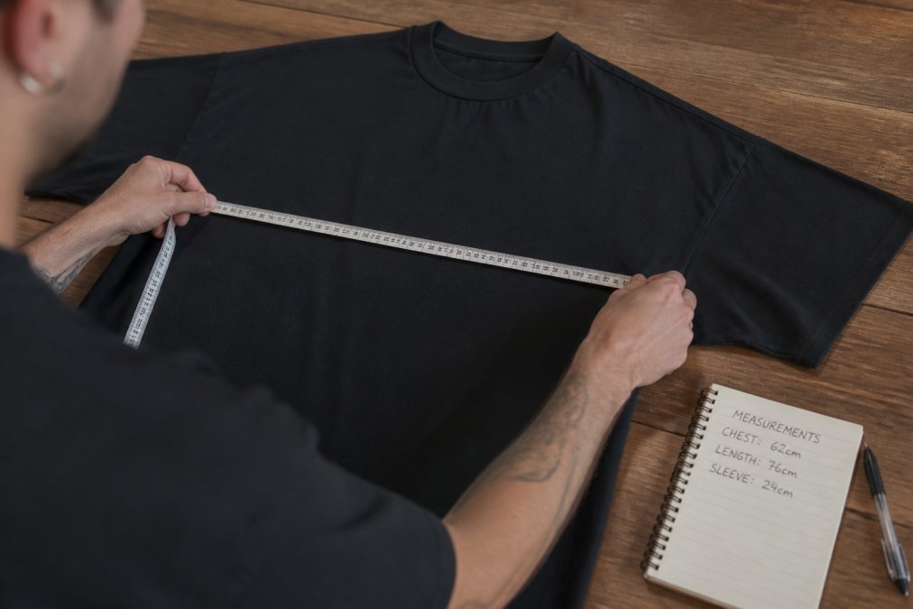 A person holding a soft measuring tape across the chest of a black t-shirt laid flat on a wooden table, with a notebook and pen nearby showing handwritten measurements