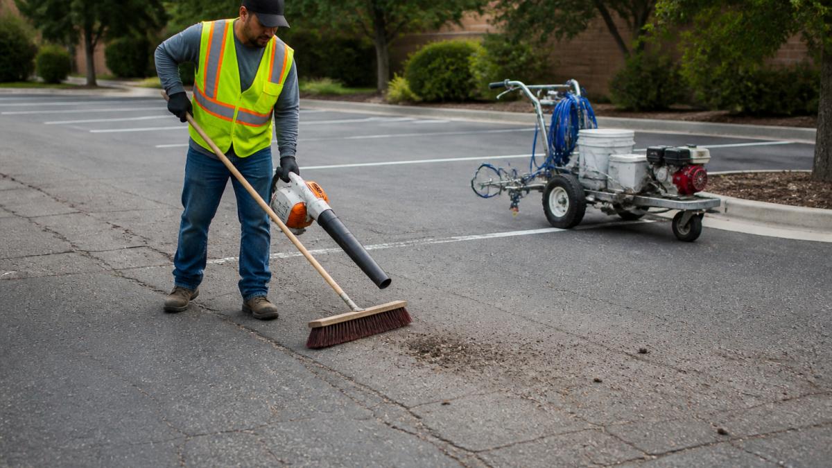 Worker cleaning debris from an asphalt surface to prepare for professional parking lot striping.