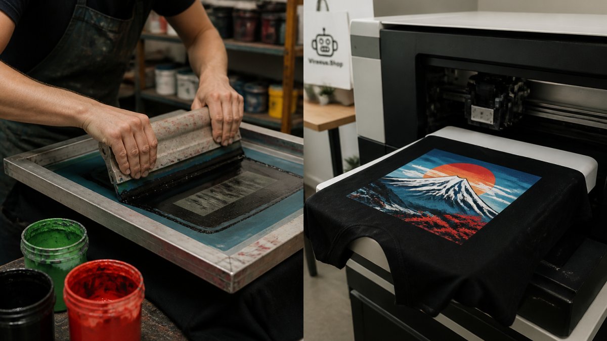A close-up of a person's hands pulling a squeegee across a screen printing frame on a shirt, with ink and tools visible on a workbench