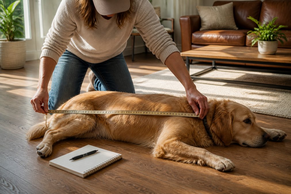 A person kneeling on a hardwood living room floor using a soft tape measure along the back of a relaxed golden retriever lying flat, a small notebook and pen resting nearby in bright afternoon light