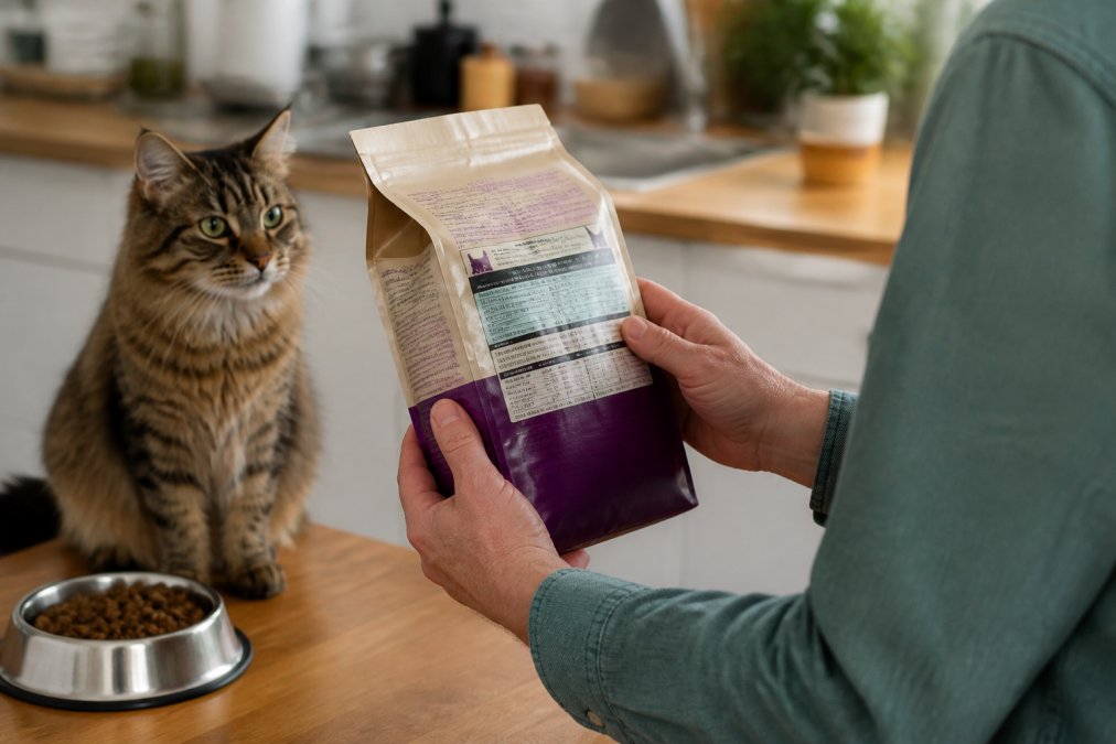 Close-up of a person's hands holding a cat food bag and reading the guaranteed analysis panel, with a cat sitting nearby on a kitchen counter