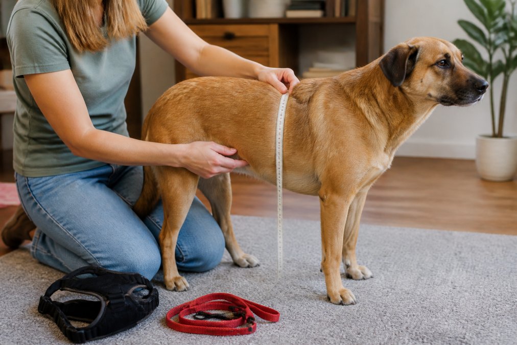 Owner measuring a medium-sized dog's girth with a soft measuring tape around the chest, dog standing calmly in profile view, natural indoor lighting