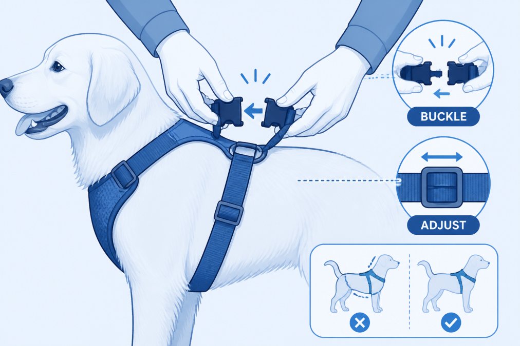 Person's hands securing a harness buckle on a dog's back, showing proper positioning and adjustment of straps, clear view of buckle closure