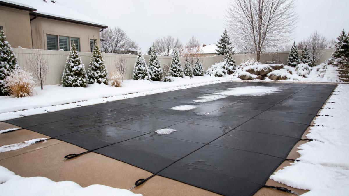 A backyard swimming pool covered with a dark winter cover, surrounded by snow-covered ground and trees in a residential neighborhood