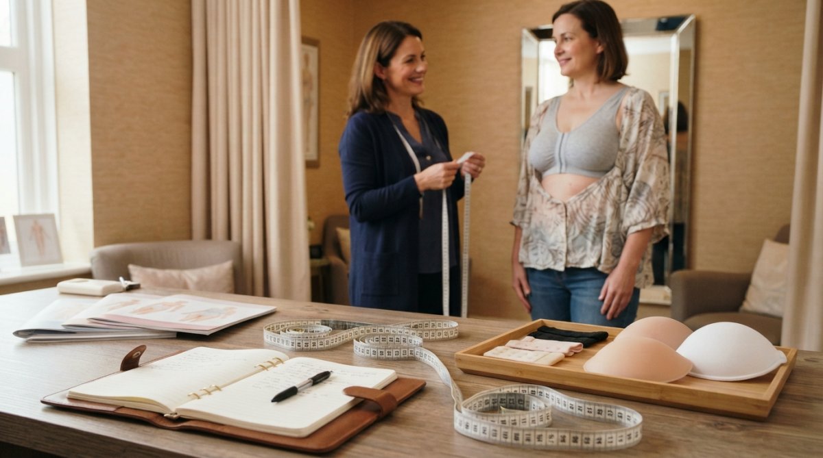 A woman in a soft, comfortable post-surgery bra standing in a bright, welcoming boutique fitting room, with a fitting specialist nearby holding a tape measure and smiling warmly