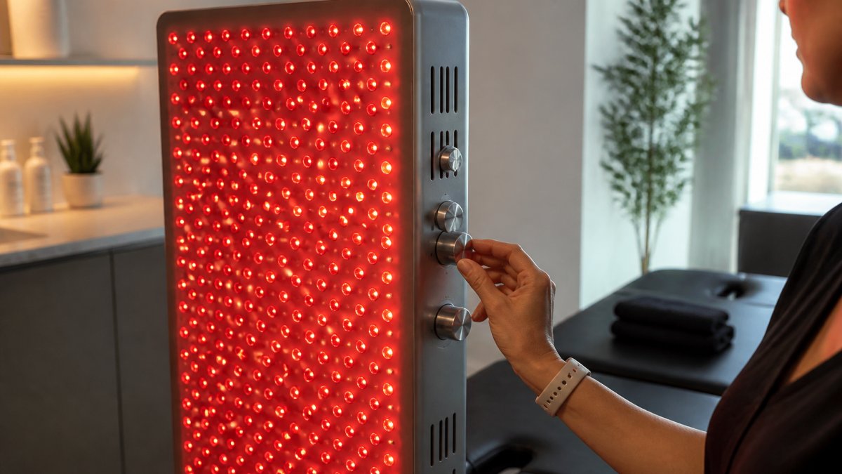 A close-up photograph of a red light therapy panel emitting visible red and near-infrared light, with a person's hand adjusting a control dial on the side of the device in a modern clinic room