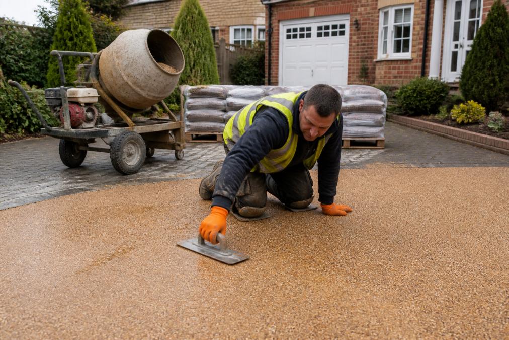 A resin driveway installer in safety gear trowelling a smooth resin bound surface on a residential driveway in Norfolk, with a mixer and aggregate bags visible in the background