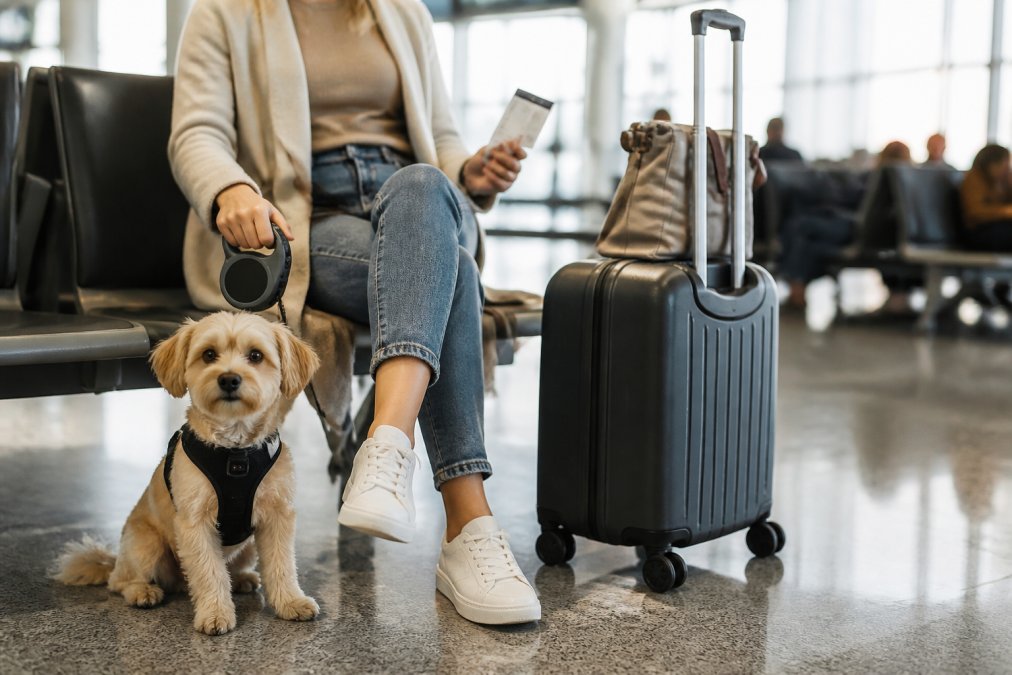 Traveler holding a compact retractable leash with a small dog sitting calmly by a carry-on bag at the airport gate.