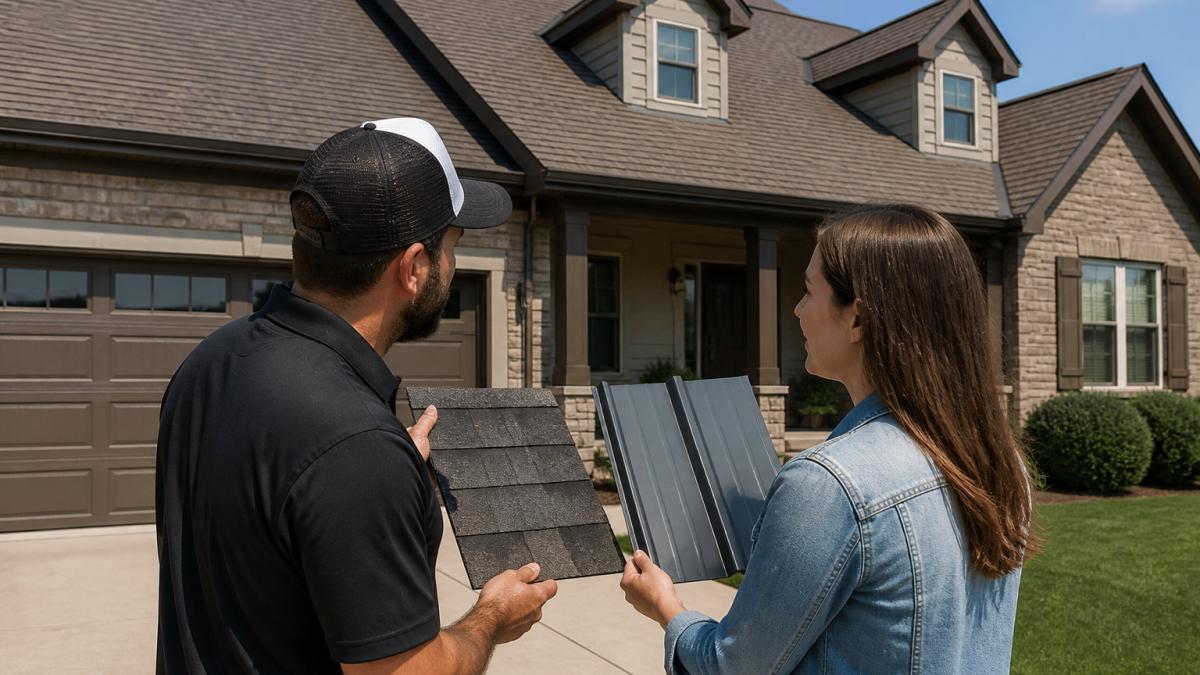 A roofing contractor and homeowner standing in a driveway, looking up at a house roof with samples of asphalt shingles and metal panels in hand, discussing options on a clear day