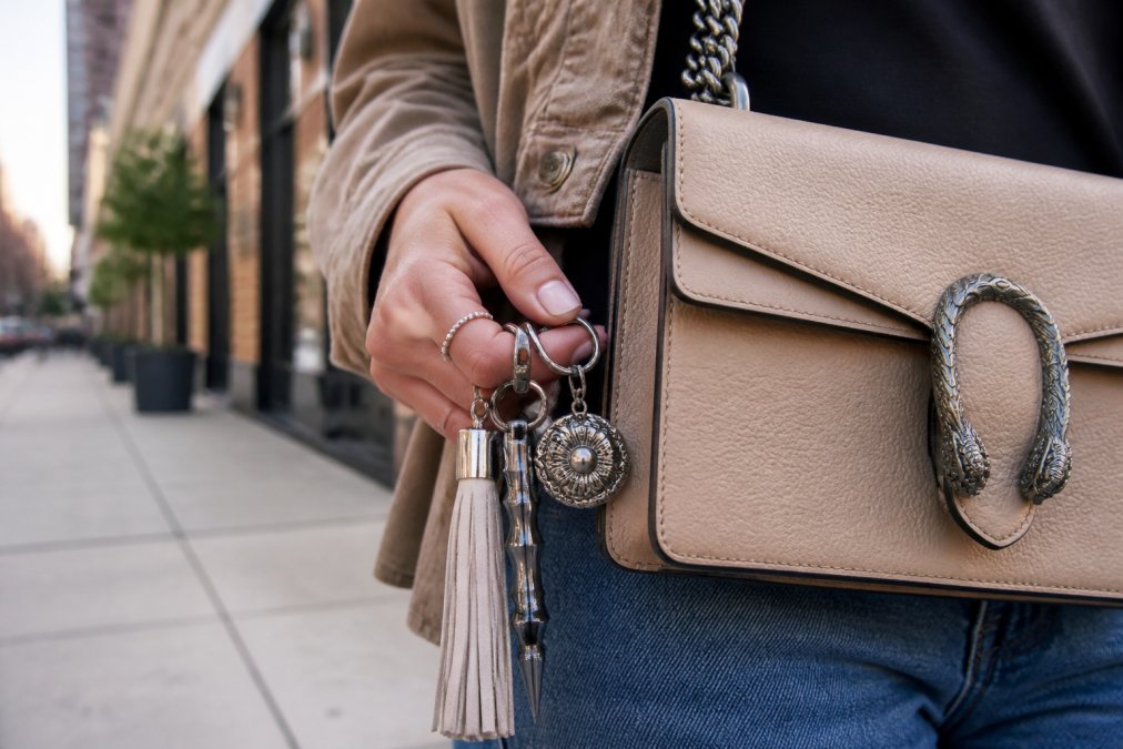 A woman's hand holding a stylish self-defense keychain with Western-inspired metallic detailing attached to a designer-inspired purse in a modern urban setting, showing how the accessory integrates seamlessly with everyday fashion in natural daylight