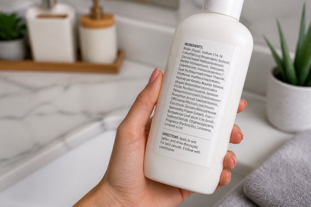 Close-up of a shampoo for damaged hair label highlighting key repair ingredients in a bright bathroom setting