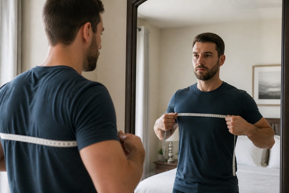 A person using a flexible measuring tape around the fullest part of their chest, standing in front of a mirror in a well-lit bedroom, wearing a fitted t-shirt