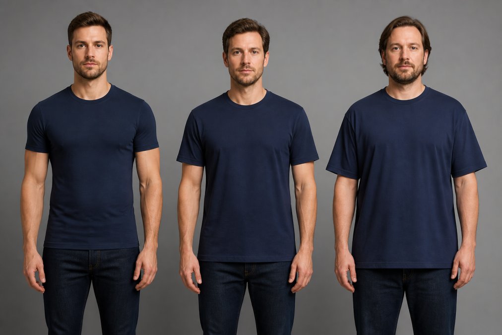Three men standing side by side, each wearing the same solid navy t-shirt in slim fit, regular fit, and relaxed fit respectively, photographed in a well-lit studio with a neutral gray background