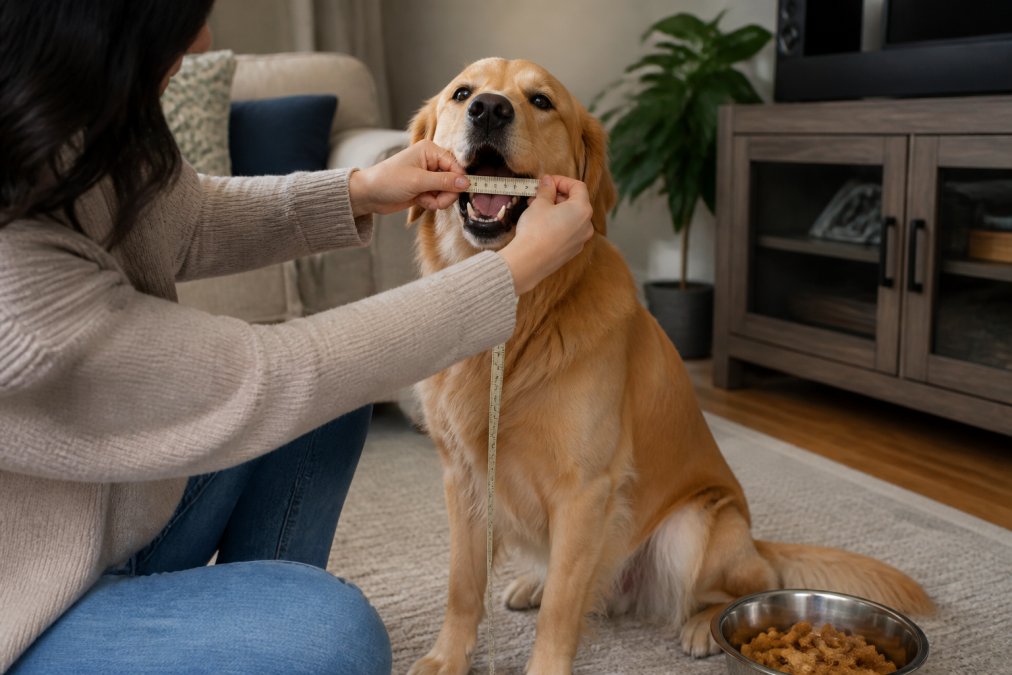 A person measuring a dog's mouth width to help choose the right size chew toy while the dog sits calmly.