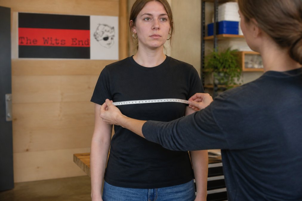 Person wearing a well-fitted graphic tee, standing straight while someone measures across the chest with a measuring tape at the widest point, showing proper measurement technique