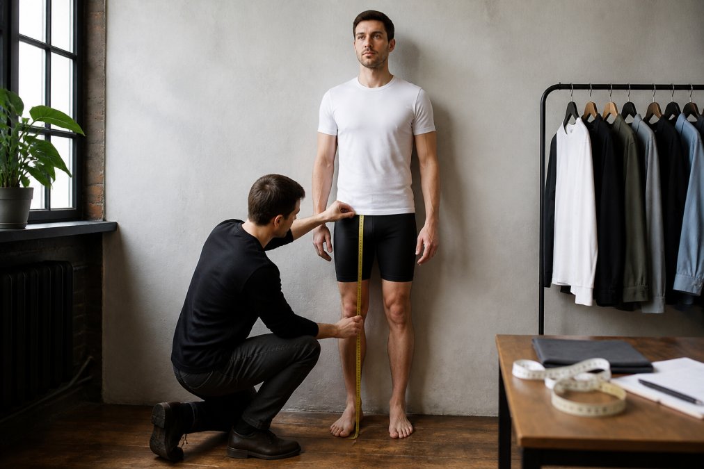 Tall man standing against wall with measuring tape, demonstrating proper posture and positioning for measuring inseam from ankle bone to crotch, torso length from neck to waist, and sleeve length from back neck center to wrist bone
