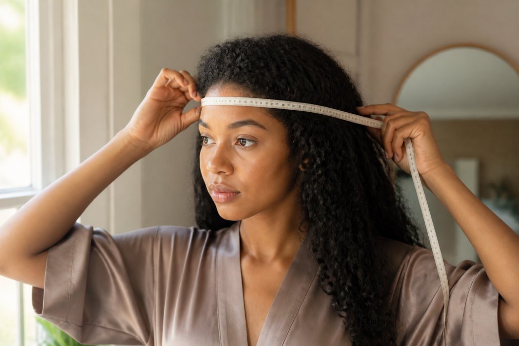 Woman with long textured hair carefully measuring head circumference with a soft measuring tape, showing proper placement around forehead and back of head with natural morning light