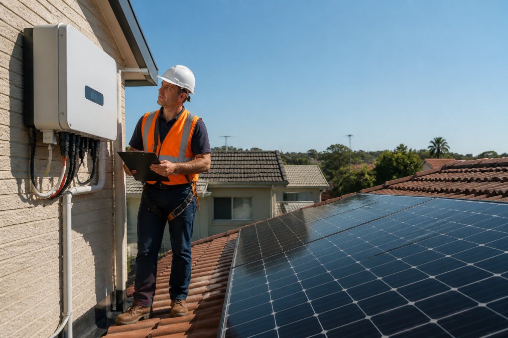 Solar installer checking a wall-mounted solar inverter on a residential rooftop near solar panels