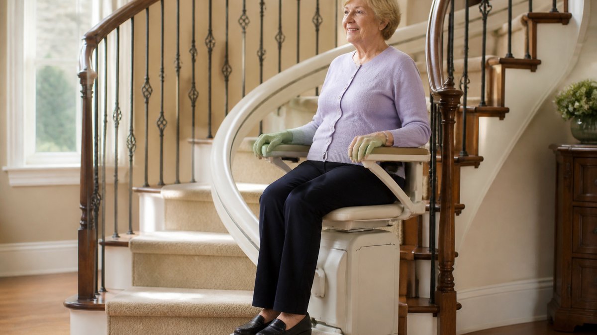 Person sitting in a stairlift seat demonstrating proper posture with armrests engaged and footrest extended, positioned on a residential curved staircase with natural window lighting